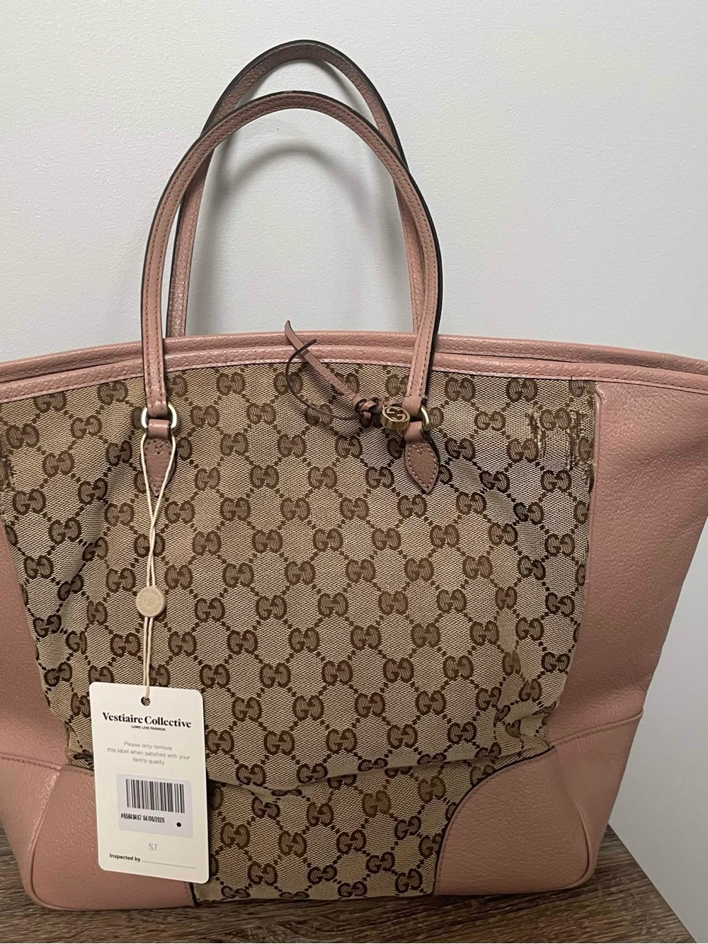 🌸 Gucci Monogram Zip Up Bree Tote Bag– Pink Leather Accents